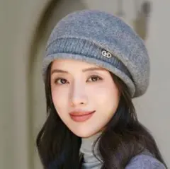 ベレー帽 ニット帽 ロゴ 防寒 保温 韓国 グレー 小顔効果 冬 上品 おしゃれ