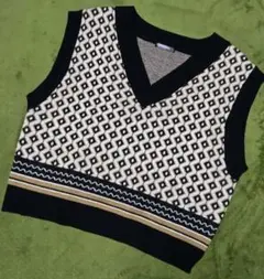 レディース　幾何学模様Vネックニットベスト　Ｌサイズ