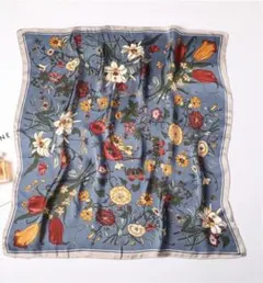 大判 スカーフ バックチャーム バッグスカーフ ヘアアクセ フラワー ブルー