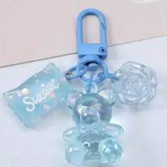 じゃらじゃらキーホルダー　アクリルチャーム　クリアベア　ブルー　ネームタグ