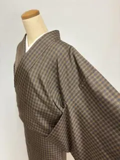 小紋 洗える着物 変わり市松 横縞 格子 くすみカラー 花菱 着物 037k