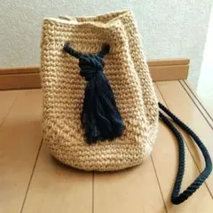 ハンドメイド 麻編みタッセル付きショルダーバッグ 麻ひもバッグ