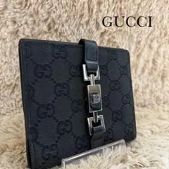 ✨美品✨グッチ　ジャッキー　折りたたみ　財布　キャンバス　レザー　ブラック