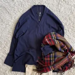 【23区】ウーステッドウール　重ね襟Vネックニット　ネイビー　大きいサイズ　46