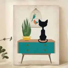 ミッドセンチュリー　アートポスター　ネコ　カフェ　リビング　部屋　玄関　絵　A3