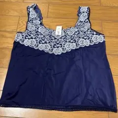 新品　ネイビー レースデザイン キャミソール　3L 綿混　ストレッチ