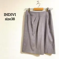 【435】INDIVI ★ストライプ 膝丈スカート グレー　フォーマル　38