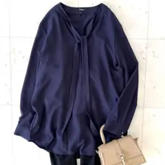 美品 セオリー ボウタイブラウス ネイビー 洗える S とろみブラウス 濃紺