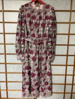 花柄長袖マキシドレス ウエストリボン付き