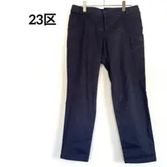 23区 大きいサイズ46 麻綿ストレッチ カーゴ風カジュアルテーパードパンツ 紺のサムネイル