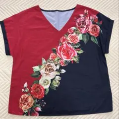 フラワープリント Vネック Tシャツ 半袖