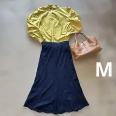 オフィスカジュアル✨ブラウス黄色✖️総レーススカート 濃紺　セットアップM 女子会