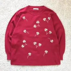 Vintage 昭和レトロ ニット 赤 刺繍 金 M〜L相当 長袖