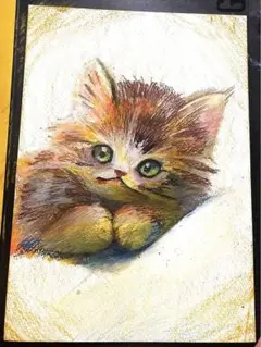 猫イラスト 動物アートクレヨン クレヨンで描かれた恥ずかしがり屋の猫の