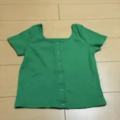 グリーン 半袖 トップス ボタン付き