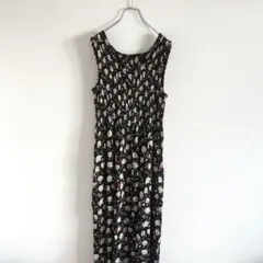 used バラ柄ブラックワンピース ロング丈 花柄 白 ヴィンテージ 黒 古着