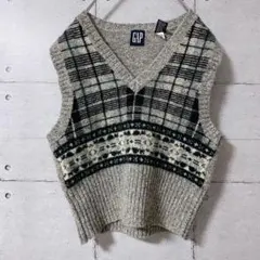 オールドGAP チェック柄 ニットベスト M 100%ウール