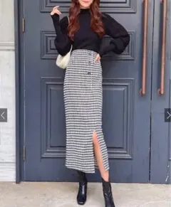 千鳥格子柄ツイードスリットタイトスカート