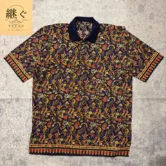 vintage 00s 総柄 バティック柄 ポロシャツ 半袖 ネイビー