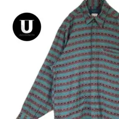 ＼トップス／ 長袖 ブラウス 総柄 レトロ 幾何学 エスニック　グリーン 古着