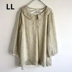 4653【美品】LL 七分袖シアーブラウス　花柄総柄　丸襟　裏地ありボートネック