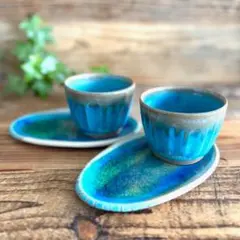 碧 縞湯飲み＆ソーサー 和菓子セット トルコブルー 2個セット 益子焼