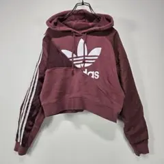 adidas　クロップド　フーディ　パーカー　ショート丈　S　切替　ワイン　古着