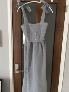 【難あり】ギンガムチェックワンピース　ロングワンピース　肩リボン