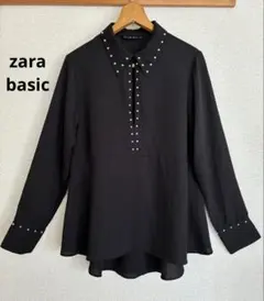 洗練　華やか スタッズ装飾 zara basic長袖ドレープブラウス ブラックのサムネイル