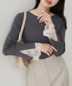 natural couture 前後2WAY袖口レースリブニット スミクロ