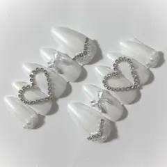 現品❤︎ホワイトミラーハートビジュー リボンネイルチップガーリー・韓国系・量産型