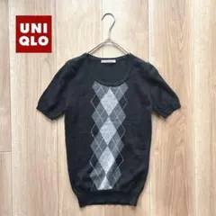 507 UNIQLO ユニクロ　アーガイル柄クルーネック半袖ニット　S ブラック