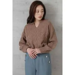 ナチュラルビューティーベーシック ケーブルニット Vネック ブラウン 長袖