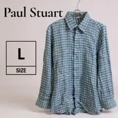 【美品】Paul Stuart 麻 長袖チェックシャツ Lサイズ　イタリア製
