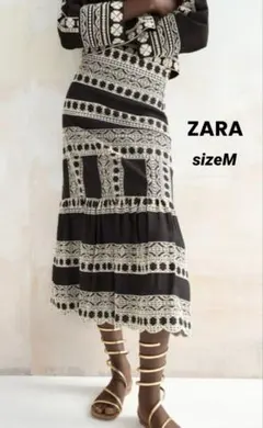 未使用タグ付き ZARA エンブロイダリーミディスカート 刺繍 スカート M