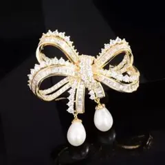 真珠ジルコンリボン花ブローチアクセサリー ダイモンド花胸飾り 入学式卒業式結婚式