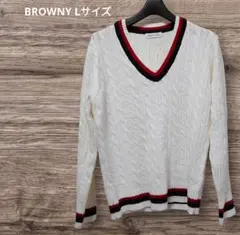 BROWNY Lサイズ ホワイト ケーブル編み Vネックセーター