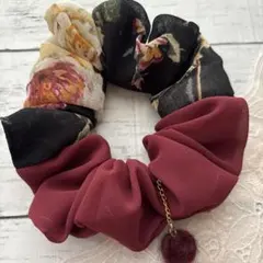 ☆yuri様専用☆newハンドメイドシュシュ シックな薔薇柄×ワイン