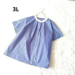 バンドカラー　パールボタン　クレリック ストライプ 半袖シャツブラウス3L