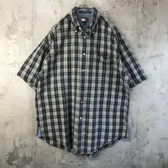 YY80古着　シャツ　ボタンダウン　半袖　チェック　紺　白　緑　90s Y2K