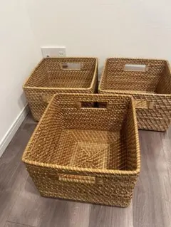 【無印】重なるラタン角型バスケット・大　3個セット