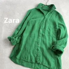 ZARA リネン100% 長袖シャツ グリーン　海外Sサイズ