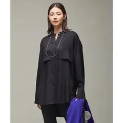 iCB キュプラサテンブラウス バンドカラーシャツ ブラック 黒 長袖
