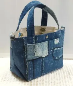 手縫いパッチアップデニムのリアルプリント　ミニトート　ランチバッグ　ハンドメイド