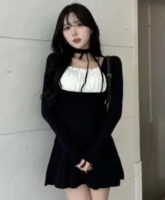 Darichネックリボンデザインフレアニットミニワンピース