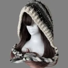 バラクラバ フード帽ブラックグレー白 一部リボンヤーンモヘア調ハンドメイド編み物