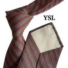 YSL イヴ・サンローラン　ボルドー　ベージュ　黒シルク ストライプ ネクタイ