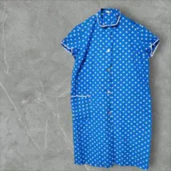 【レトロ可愛い】ドット柄 半袖ワンピース 水玉 ブルー 丸襟 L 爽やか
