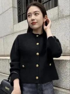 【美品】anuans ラクーンブレンドノーカラー ニットジャケット ブラック