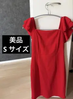 美品　レッド フリル袖 ミニワンピース　S
